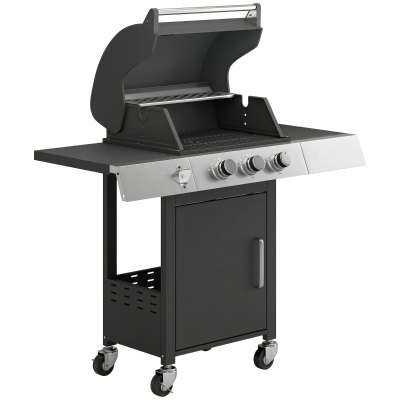 Outsunny Barbecue a Gás com 3 Queimadores 8,1 kW Termómetro Grelhas Mesas Laterais Armário e Rodas 109x50x109 cm Preto