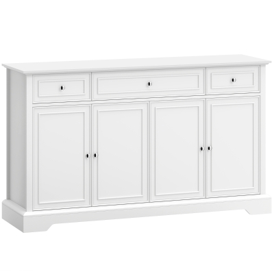 HOMCOM Bufet de living, mobilier de depozitare cu 3 sertare, 4 uși cu închidere silențioasă și etajere reglabile, alb