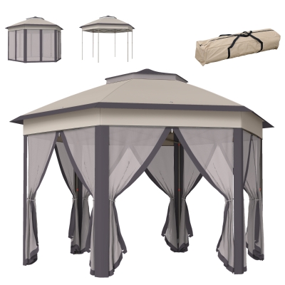 Outsunny Tenda Dobrável 4x3,4 m Hexagonal com Duplo Teto 6 Mosquiteiras Destacáveis e Saco de Transporte Castanho e Bege