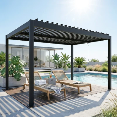 Outsunny Pergola Aluminium 4x3m Lames Orientables Gris Foncé