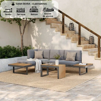 Salon de jardin BORA en aluminium 4 personnes - Modulable en canapé ou en transats