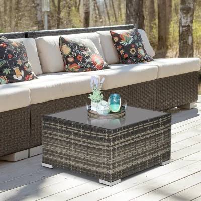 Outsunny Square PE Wicker Rattan Table with Glass Top - Dark Grey