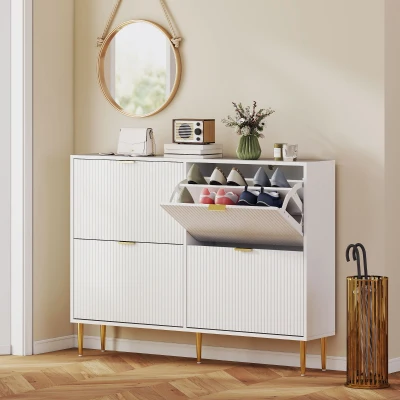 HOMCOM Zapatero Estrecho con 4 Puertas Acanaladas con Estantes Ajustables para 20 Pares de Zapatos 105x24x91,5 cm Blanco