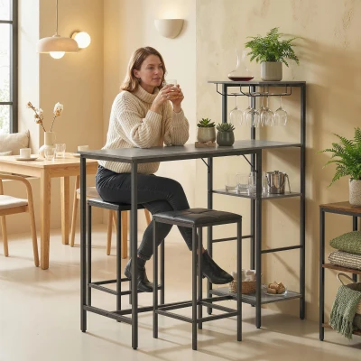 HOMCOM 3 Piece Bar Table Set Washed Grey