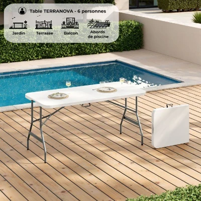 Table de réception pliante - TERRANOVA - Blanche - Structure acier et Plateau en Polyéthylene PEHD - 6 personnes - 152x70xH73,5 cm