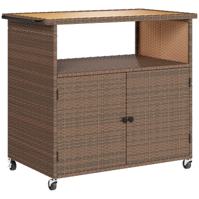 Outsunny Carrinho de Serviço em Rattan com Tampo de Eucalipto FSC, Prateleira, Rodas e Pegador Lateral 95 x 54 x 84 cm