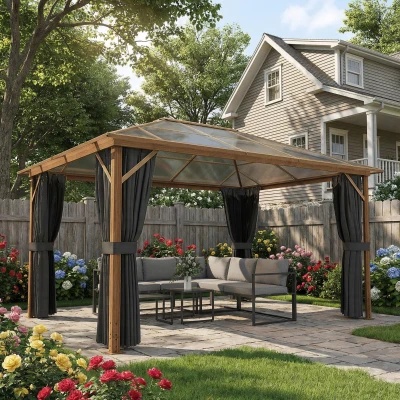 Outsunny Gartenpavillon ca. 4x3m Aluminium Pavillon mit Polycarbonat-Dach 6 mm Moskitonetz 4 Seitenteile Holzoptik Naturholz