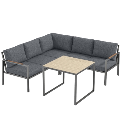 Outsunny Conjunto de Jardim Exterior 3 Peças 5 Pessoas, 2 Sofás com Almofadas Espessas, 1 Mesa de Centro, 183x183x72cm, Cinza Escuro