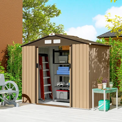 Outsunny Abrigo de Jardim Exterior 2,42 m² 213x130x185 cm com Porta de Correr, Ventilação e Luvas, Amarelo