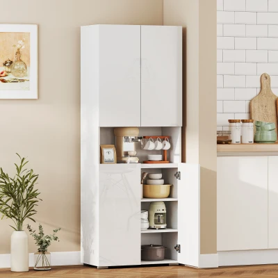 HOMCOM Armoire Cuisine Haute 180cm Blanc Laqué Étagères Réglables