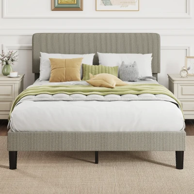 HOMCOM Lit Double 140x190cm Velours Côtelé Gris Rembourré