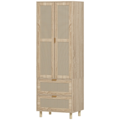 HOMCOM Armoire 2 Portes Rotin 2 Tiroirs Bois 63x47x185cm