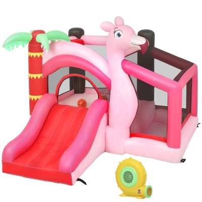 AIYAPLAY Castelo Insuflável para Crianças com Insuflador Escorrega Cama Elástica Piscina de Bolas Cesto de Basquetebol 255x230x196 cm Rosa
