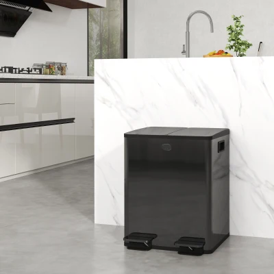 HOMCOM 2 x 20 L Doppelmülleimer, Pedalöffnung, leicht zu reinigen, Edelstahl, Kunststoff, Schwarz