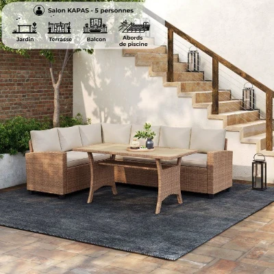 Salon de jardin KAPAS - 5 personnes - Acier et résine tressée - Beige