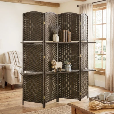 HOMCOM Paravent 4 Panneaux 160x170cm Bois avec Étagères