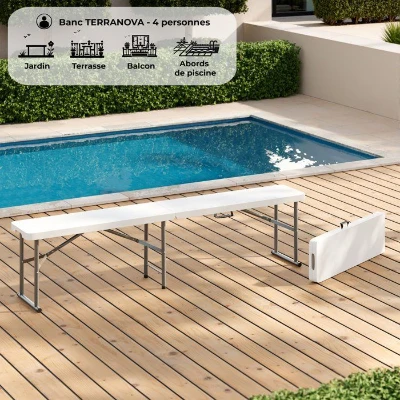 Banc de réception pliable - TERRANOVA - Blanc - Structure en acier et assise en Polyéthylene PEHD - 4 personnes - 180x28xH43 cm