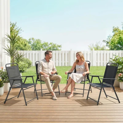 Outsunny Conjunto de 4 Cadeiras de Jardim Dobráveis com Encosto Alto e Apoios de Braços Tecido Textilene Respirável Preto