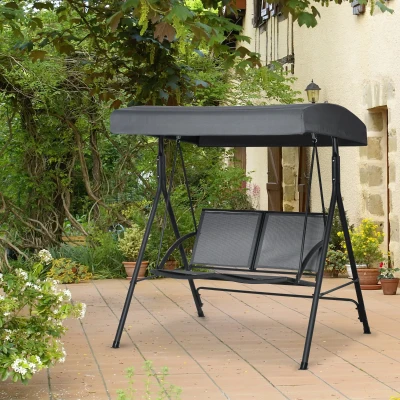 Outsunny Baloiço de Jardim Exterior para 2 Pessoas Toldo Ajustável Estrutura em Aço Assentos de Textilene 140x118x162 cm Cinzento Escuro