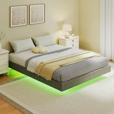 HOMCOM Cama 160x200 cm com Luzes LED Estofada em Linho Ripas de Madeira Silenciosa Fácil de Montar Cinzento
