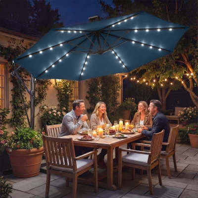 Outsunny Chapéu de Sol Excêntrico com Luzes LED Solares Ø345 cm Base Cruzada Manivela Capa Protetora Azul