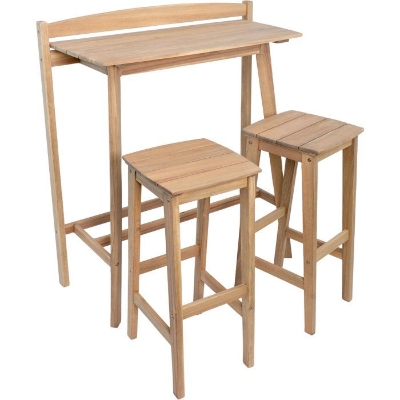 Ensemble bar de jardin - ZANZIBAR - Bois d'Acacia FSC - 1 table rectangulaire 44,5 x 100 x 112 cm - 2 tabourets 37 x 35 x 72 cm