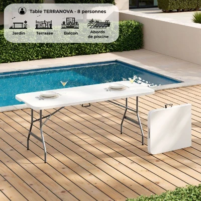 Table de réception pliante - TERRANOVA - Blanche - Structure acier et Plateau en Polyéthylene PEHD - 8 personnes - 180x74xH73,5 cm