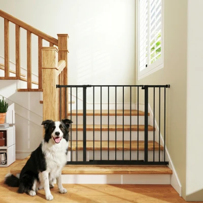PawHut Dog Gate Pet Safety Gate Stair Barrier Pressure Fit Adjustable 76-82/86-97/101-107 cm, Black