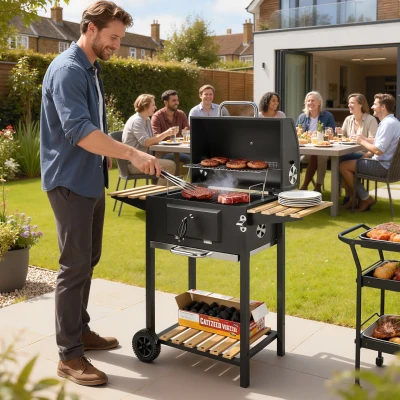 Grill węglowy ze stali nierdzewnej, mobilny, z pokrywą, termometr