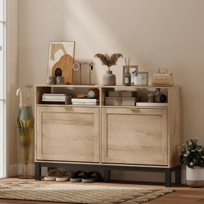 HOMCOM Shoe Cabinet 2 Flip Drawers Narrow Walnut Brown