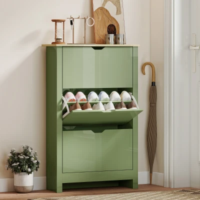 HOMCOM Slim Shoe Cabinet 3 Flip Drawers Green