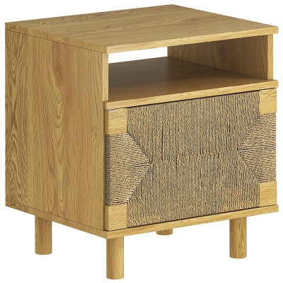 HOMCOM Mesa de Cabeceira Estilo Bohémio com Porta de Corda de Papel Prateleira Aberta e Abertura por Pressão 45x39x50 cm Carvalho