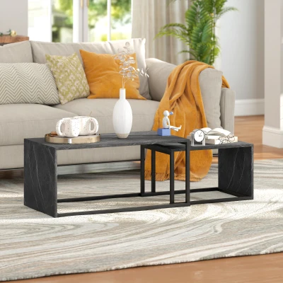 HOMCOM Nesting Coffee Tables Metal Frame Dark Grey Marble