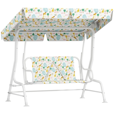 AIYAPLAY Kids Garden Swing Chair with Adjustable Canopy, Safety Belt, 2 Seater Hammock Swing Bench for Patio, Porch, White