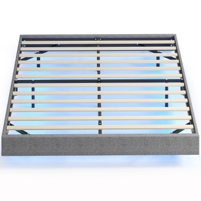 HOMCOM Cama 160x200 cm com Luzes LED Estofada em Linho Ripas de Madeira Silenciosa Fácil de Montar Cinzento