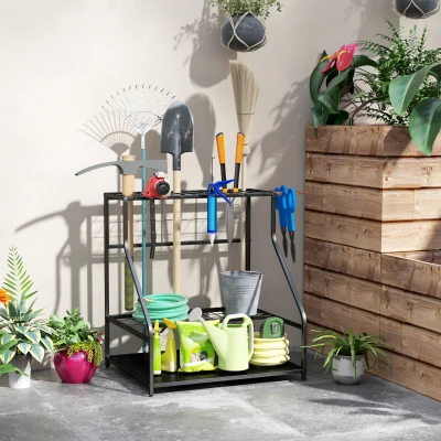 Outsunny Organizador de Ferramentas de Jardim de 3 Níveis para Garagem com Ganchos para Pás Ancinhos Vassouras 84x53x73 cm Preto