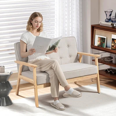 HOMCOM Sofá de 2 Lugares com Encosto e Almofadas Acolchoados Pés de Madeira Antiderrapantes 113x67x78 cm Bege