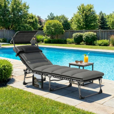 Outsunny Espreguiçadeira 5 Posições Reclináveis, com Toldo Almofada Apoio de Cabeça Bolso Lateral, 190x57x30cm, Cinza Escuro