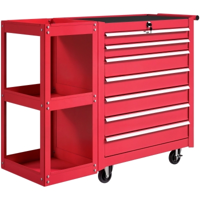 HOMCOM Carrinho de Ferramentas com 7 Gavetas Estante de 3 Níveis Removível Sistema de Fecho Central Asa 2 Rodas com Travão Vermelho
