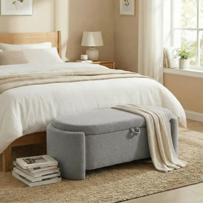 HOMCOM Puff de Armazenamento Banco Ovalado 129x48,5x44 cm Estofado em Tecido Teddy Capacidade 200 kg Cinzento Claro