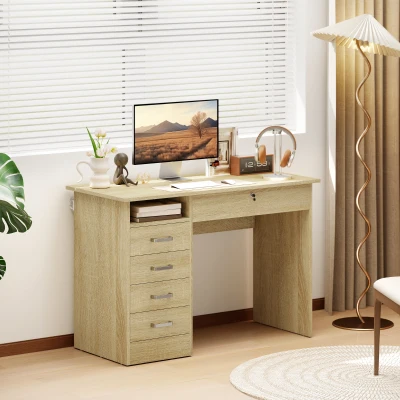 HOMCOM Bureau Moderne 5 Tiroirs Verrouillable Chêne 110x50x76cm