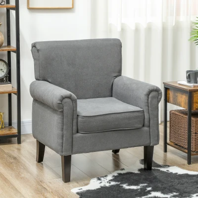 HOMCOM Poltrona Estofada em Tecido Poltrona Relax com Apoio para os Braços Assento Amovível e Lavável Pés de Madeira 79x78x87 cm Cinza Escuro