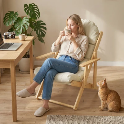HOMCOM Sillón Silla de Salón Plegable y Reclinable de Madera Sillón Relax Cómodo con Cojín capitoné grueso