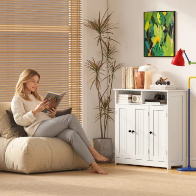 HOMCOM Armário de Casa de Banho Estreito com 3 Portas 2 Compartimentos Abertos Prateleira Ajustável 85x30x85 cm Branco