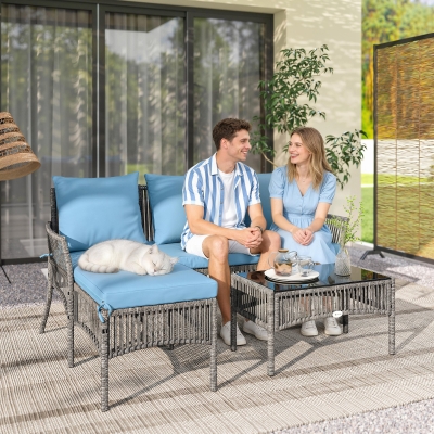 Outsunny Conjunto de Jardim Exterior de Vime com Sofá de 2 Lugares, Chaise Longue e Mesa de Centro com Vidro Temperado Azul Claro