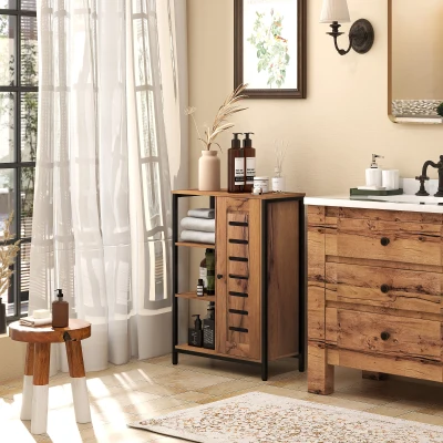 kleankin Móvel Auxiliar Casa de Banho com Porta de Ripas 3 Compartimentos Abertos Prateleira Ajustável 60x30x85 cm Castanho Rústico