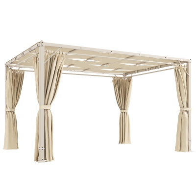 Outsunny Pérgola de Jardim 385x295x225 cm com Teto Ondulado 4 Cortinas Removíveis Proteção UPF50+ e Estrutura de Aço Bege