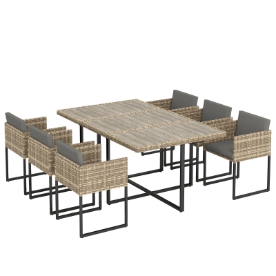 Outsunny 7 Piece Rattan Dining Set Wood Table Stackable Chairs Brown