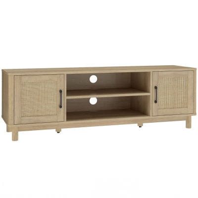 HOMCOM Comodă TV 135 cm, mobilier TV pentru televizor până la 165,1 cm cu 2 uși din ratan, 2 compartimente deschise, stejar