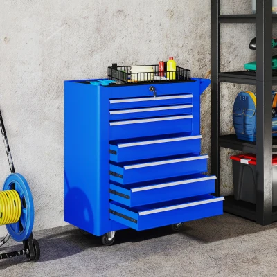 DURHAND Carrinho de Ferramentas com 7 Gavetas Carrinho de Oficina com Fechadura Pega 2 Rodas com Travão 69x33x75 cm Azul